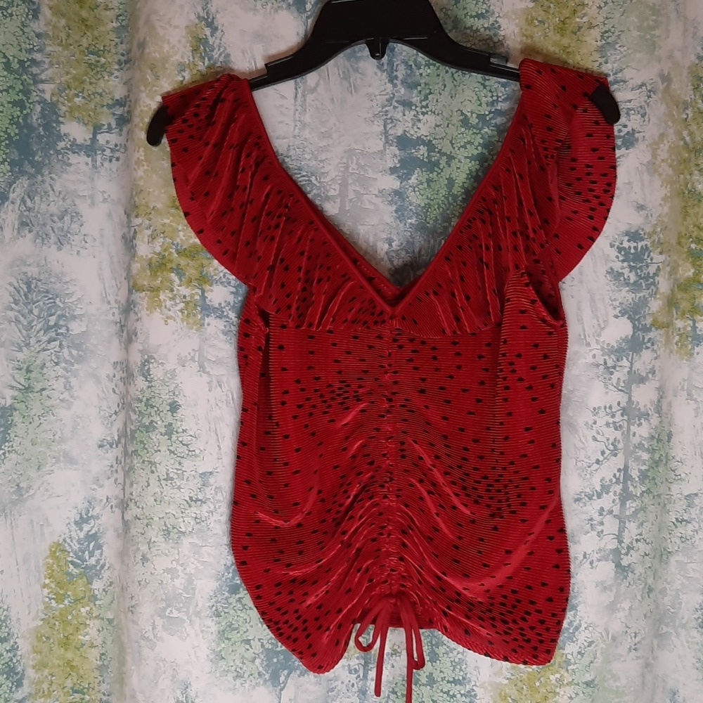 Beautiful y2k red with black spot pattern scrunch front tie tank top crop top xs